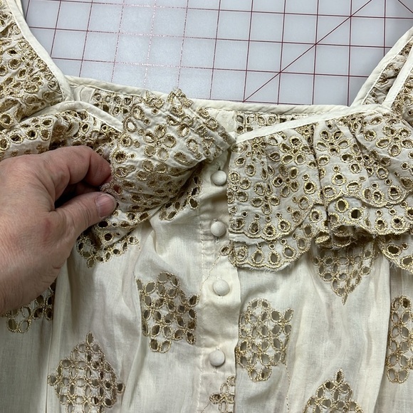 PQ SWIM ANTHRO Haven Cate Ruffle Tier Gold Eyelet Cotton Ecru Resort Mini SZ M/L - Picture 12 of 16